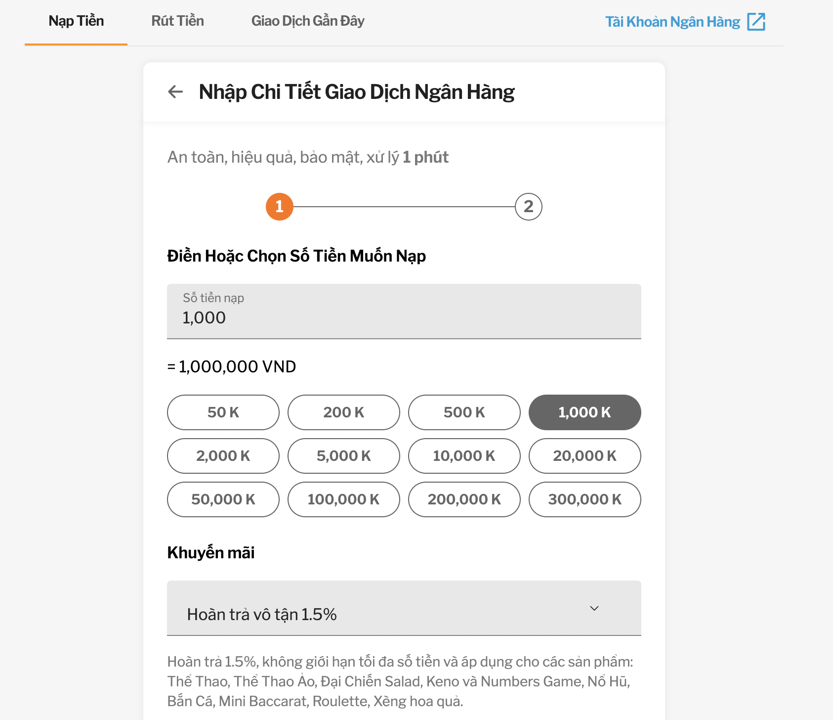 Giao diện nạp tiền 188bet